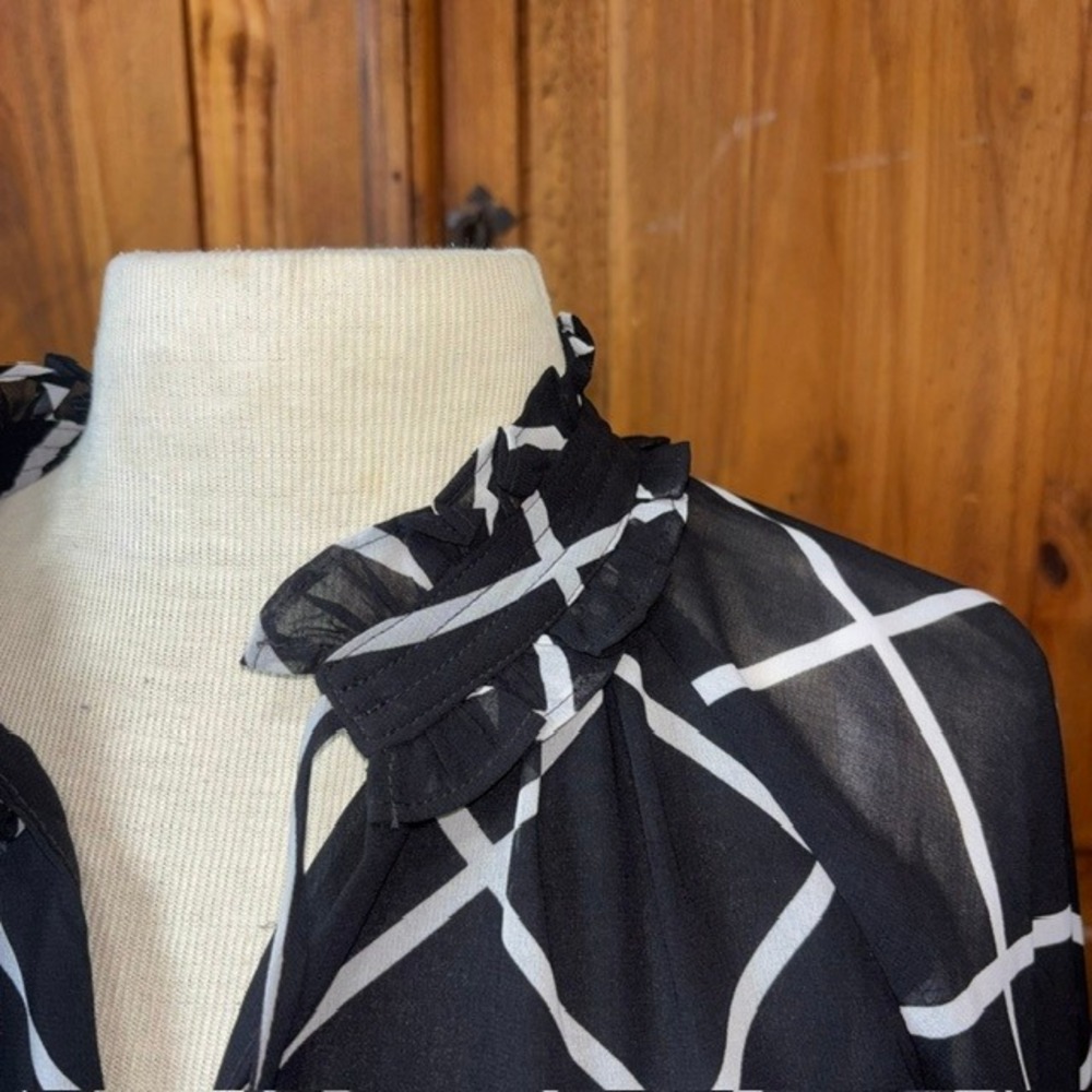 Calvin Klein Womens Black White Windowpane Ruffle Neck Tie Blouse M M1NAZ563 - Picture 4 of 8